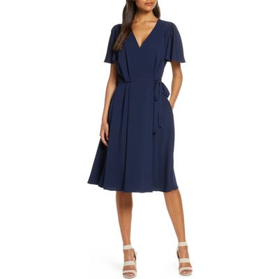Gal Meets Glam Collection Kinsley Flutter Sleeve Wrap Dress, Blue