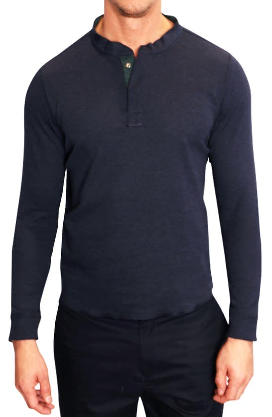 Shop Tailorbyrd Reverse Double Knit Henley Top In Navy Blue