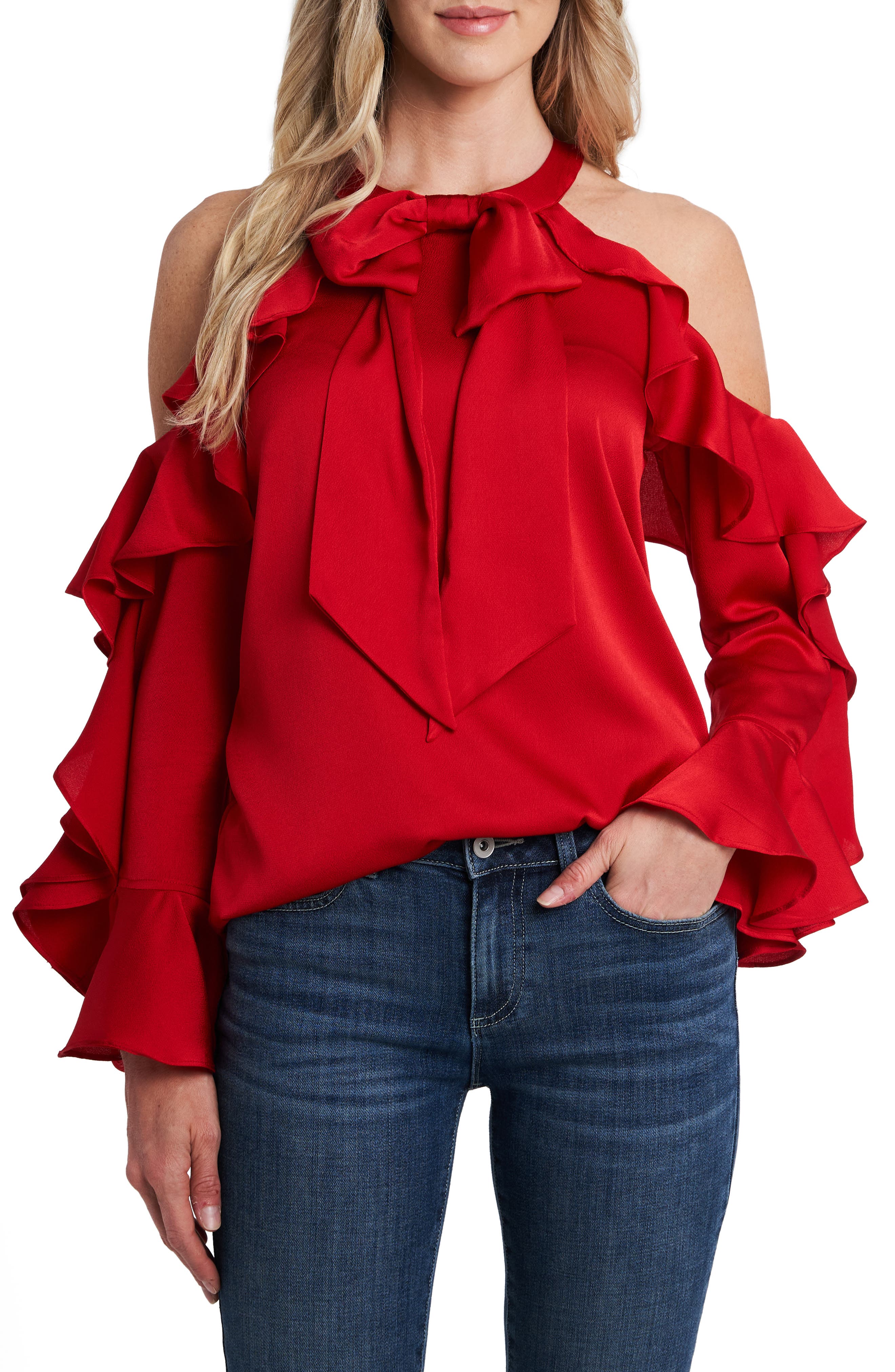 Cece By Cynthia Steffe Cold Shoulder Ruffle Blouse In Luminous Red