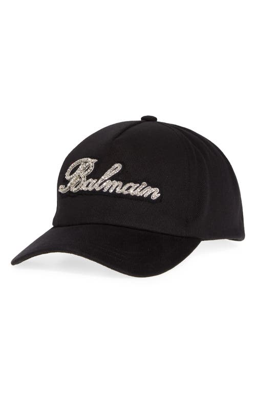 Shop Balmain Logo Appliqué Cotton Twill Baseball Cap In Black/crystal