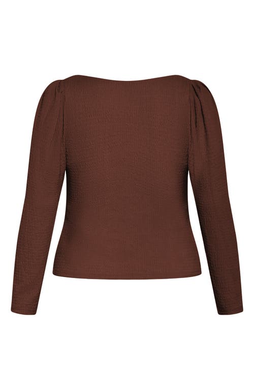 City Chic Mysteria Shirred Square Neck Puff Shoulder Long Sleeve Top In Chocolate