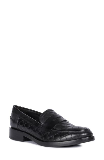 Geox Brogue Quilted Loafer In Black Nappa Leather