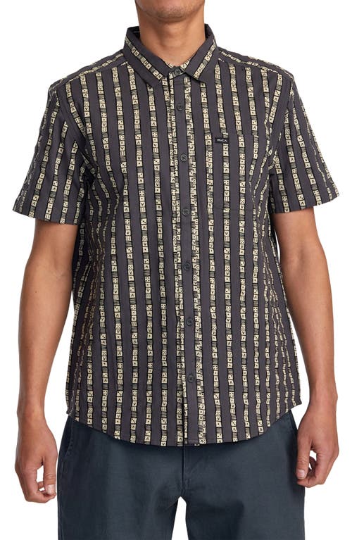 RVCA Vacationist Stripe Short Sleeve Cotton Button-Up Shirt Black at Nordstrom,