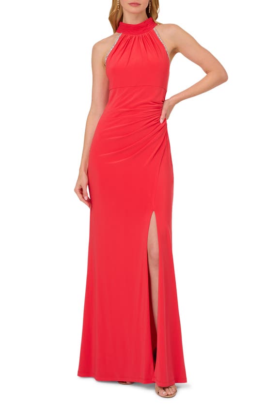 Adrianna Papell Jersey & Chiffon Halter Gown In Red Hibiscus