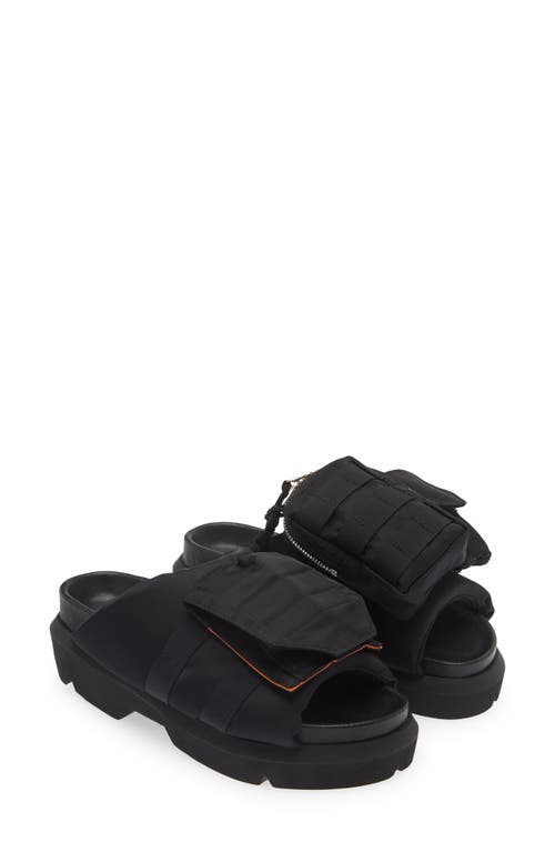 Pocket Mismatched Slide Sandals in Black