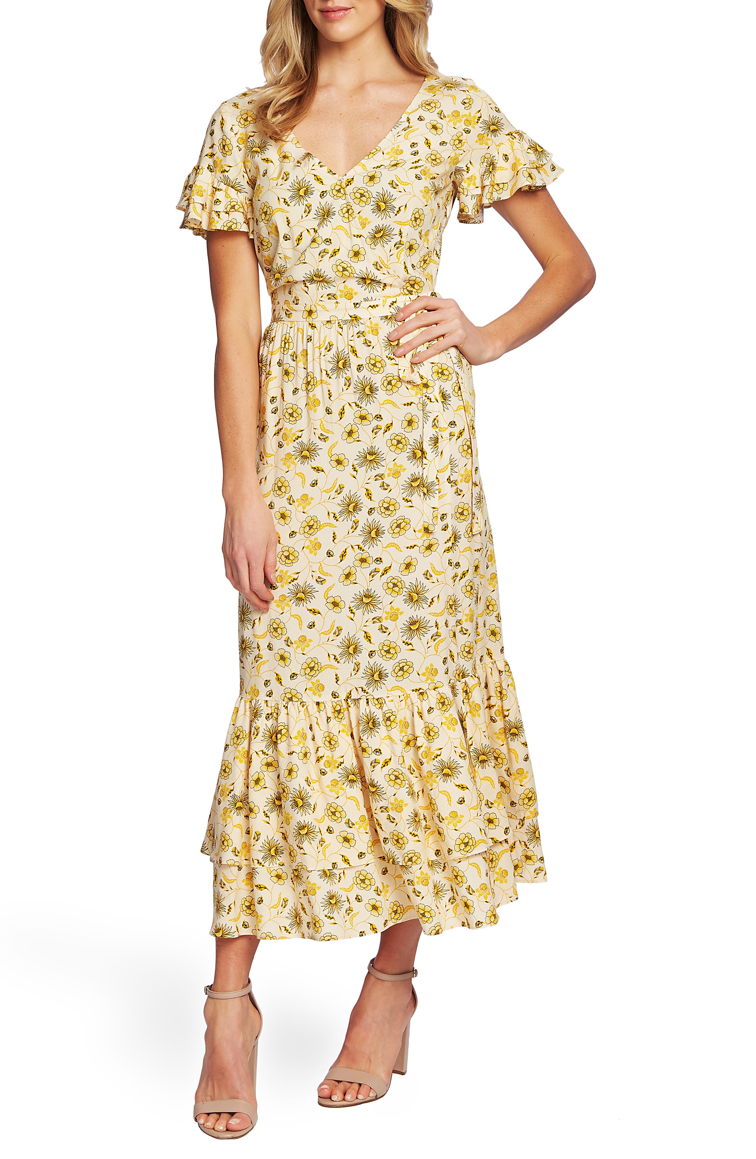 Cece Moroccan Tile Ruffle Trim Maxi Dress, Yellow