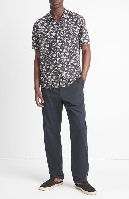 Shop Vince Firework Floral Short Sleeve Linen Blend Button-up Shirt In Black/classic Cream