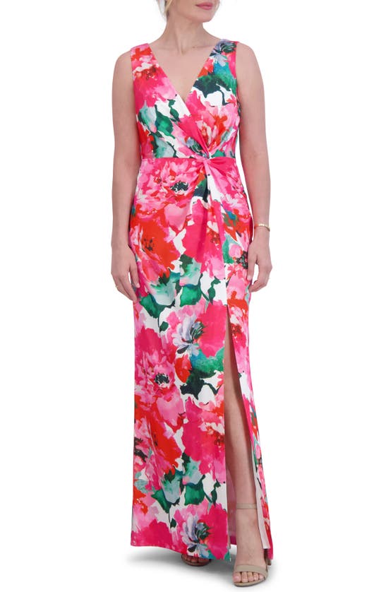 Eliza J Floral Twist Front Sleeveless Gown In Pink Multi