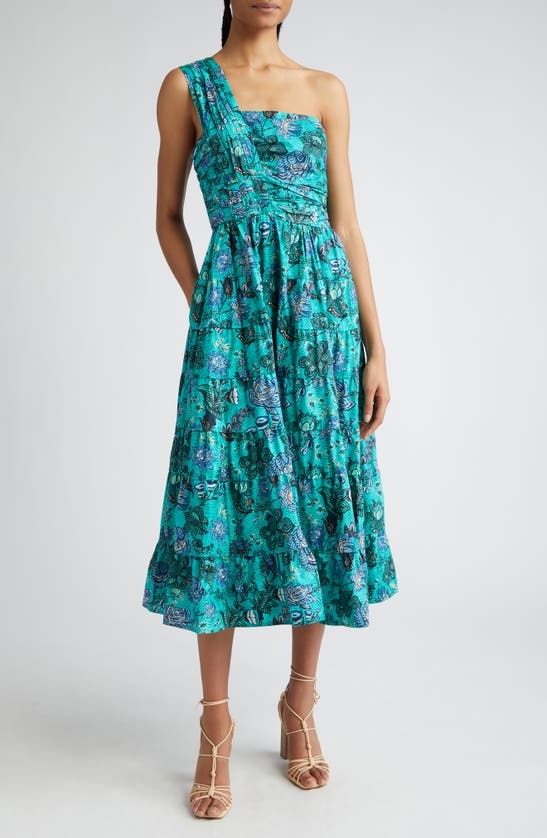 Shop Ulla Johnson Ellie Print One-shoulder Midi Dress In Jade