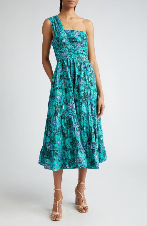 Ulla Johnson Ellie Print One-Shoulder Midi Dress Jade at Nordstrom,