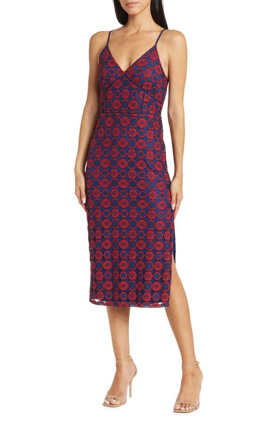 Nsr Two-tone Stretch Lace Midi Dress In Navy/ Red 2 Tone