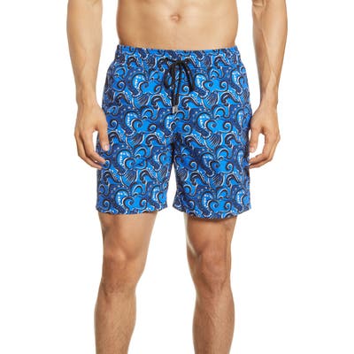 Bugatchi Ocean Print Swim Trunks, Blue