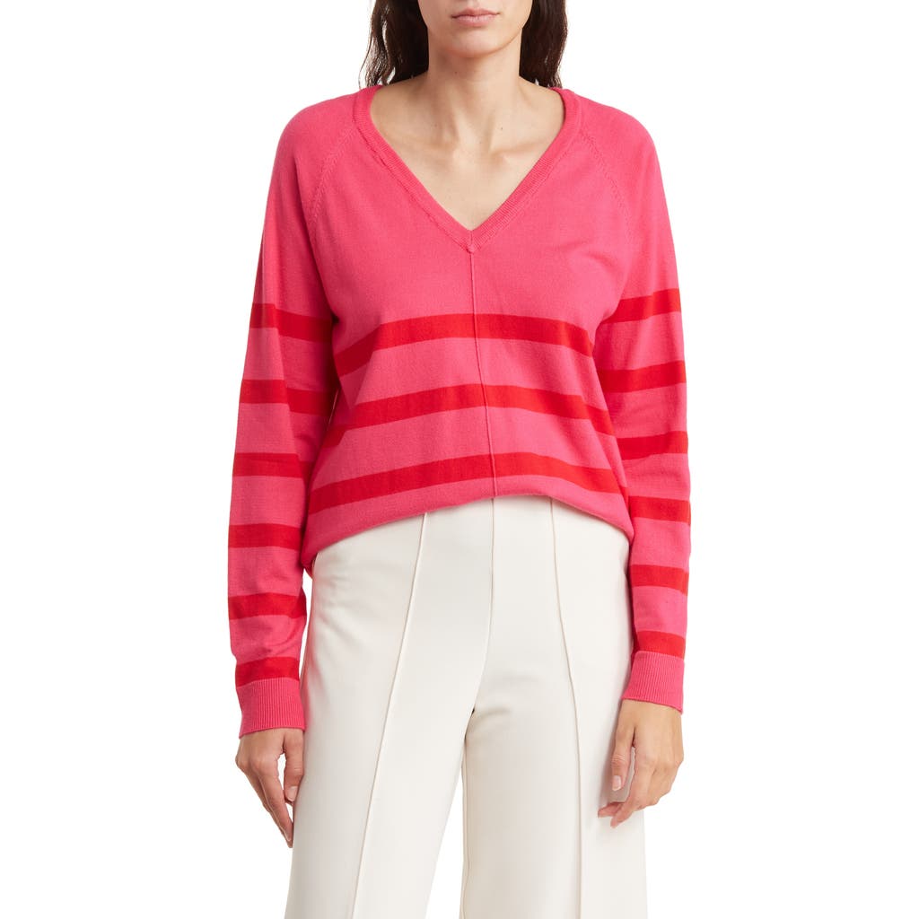Bobeau Stripe V-neck Pullover Sweater In Hot Pink/red