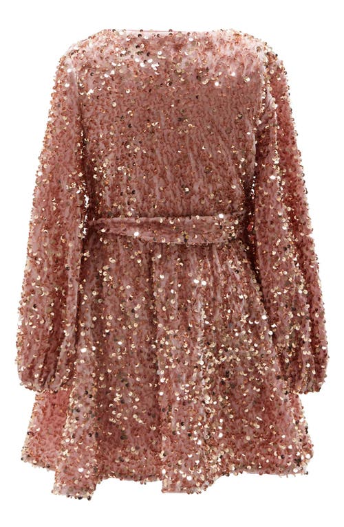 Shop Bardot Junior Kids' Velour Sequin Long Sleeve Faux Wrap Dress In Dusty Pink