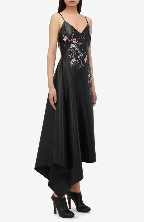 Shop Alexander Mcqueen Cherry Blossom Embroidered Asymmetric Leather Dress In Black/pink/ivory