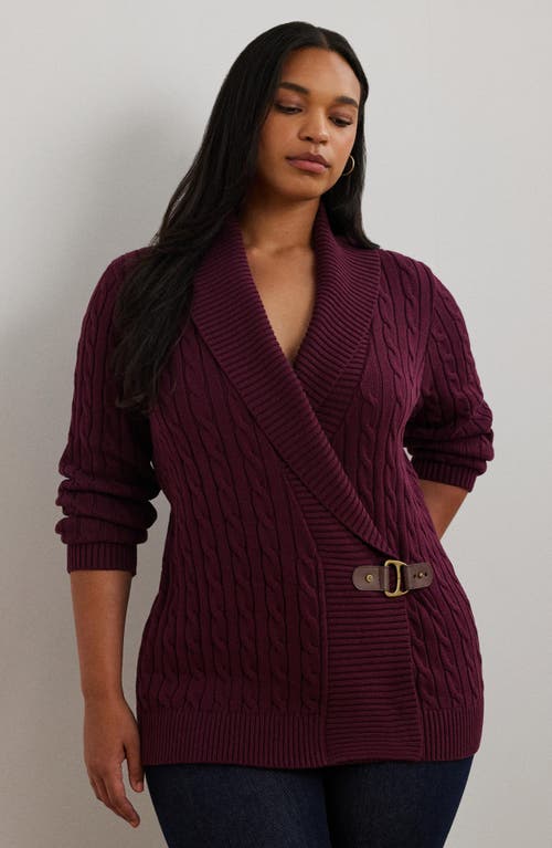 Shop Lauren Ralph Lauren Cotton Cable Shawl Collar Cardigan In Pinot Noir