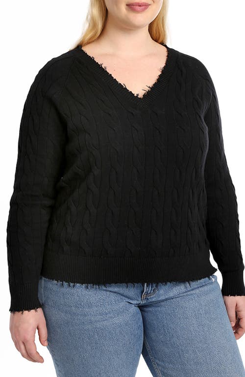 Frayed V-Neck Cable Knit Cotton Sweater in Black