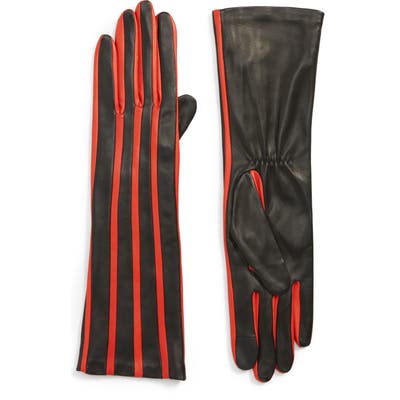 Agnelle Stripe Lambskin Leather Gloves, Black