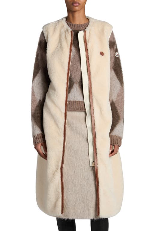 Moncler Sorbier Faux Fur & Down Long Vest In Almond Milk