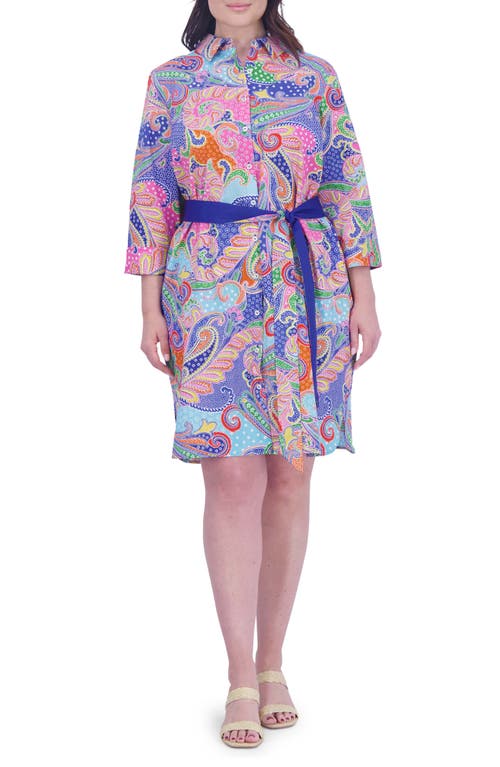 Rocca Paisley Belted Three-Quarter Sleeve Cotton Shirtdress in Multi Paisley