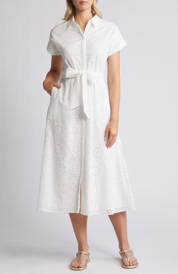 Caslon ® Eyelet Embroidery Cotton Shirtdress In White