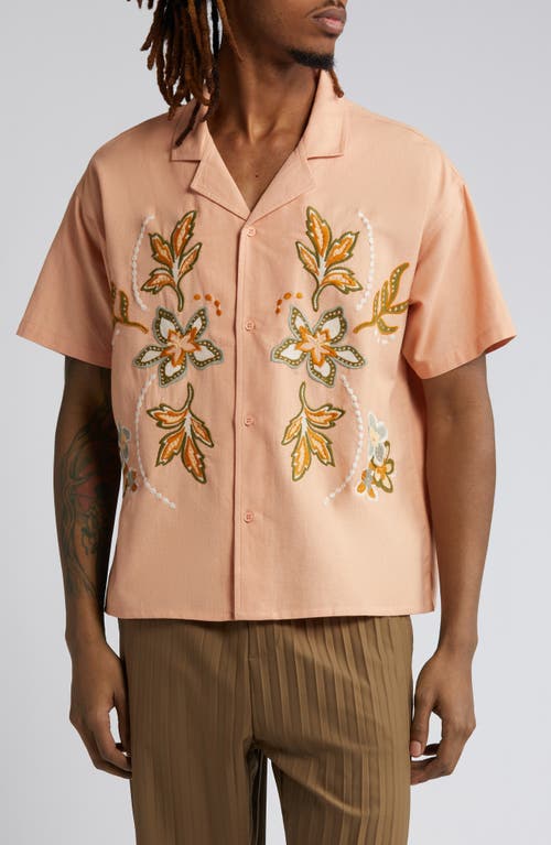 Embroidered Linen & Cotton Camp Shirt in Pink