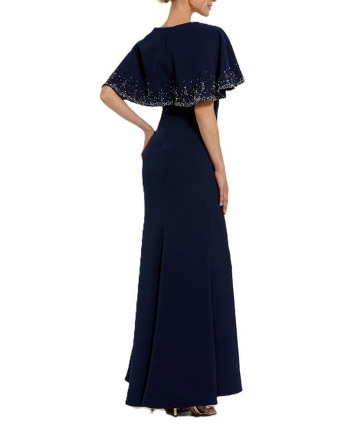 Mac Duggal Crepe High Neck Fitted Gown With Beaded Shawl In Midnight