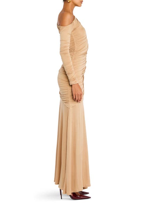 Shop Ser.o.ya Persephone Ruched Maxi Dress In Tan