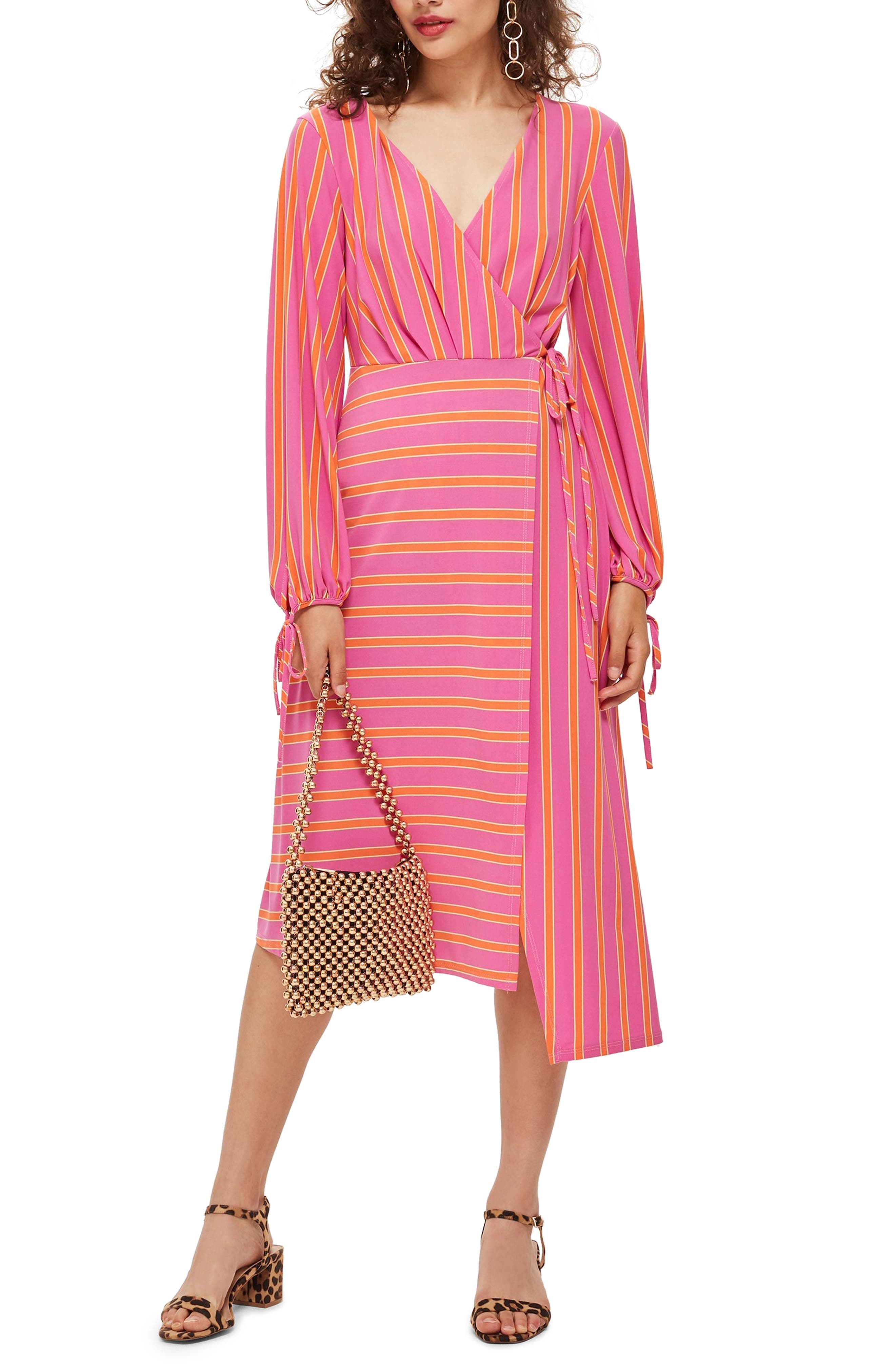 stripe wrap midi dress