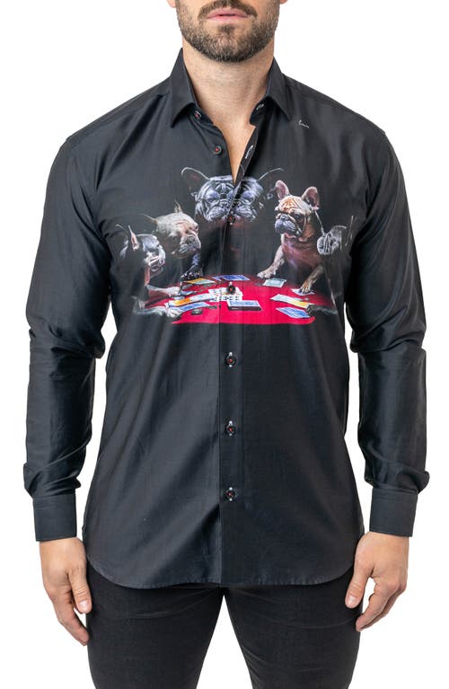 Maceoo Fibonacci Poker Dogs Cotton Button-Up Shirt Black at Nordstrom,