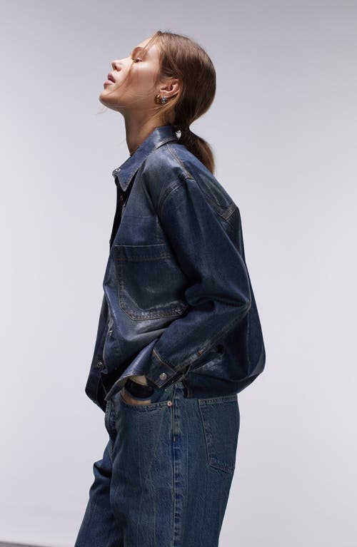 Shop Topshop Coated Denim Snap-up Shirt In Mid Blue