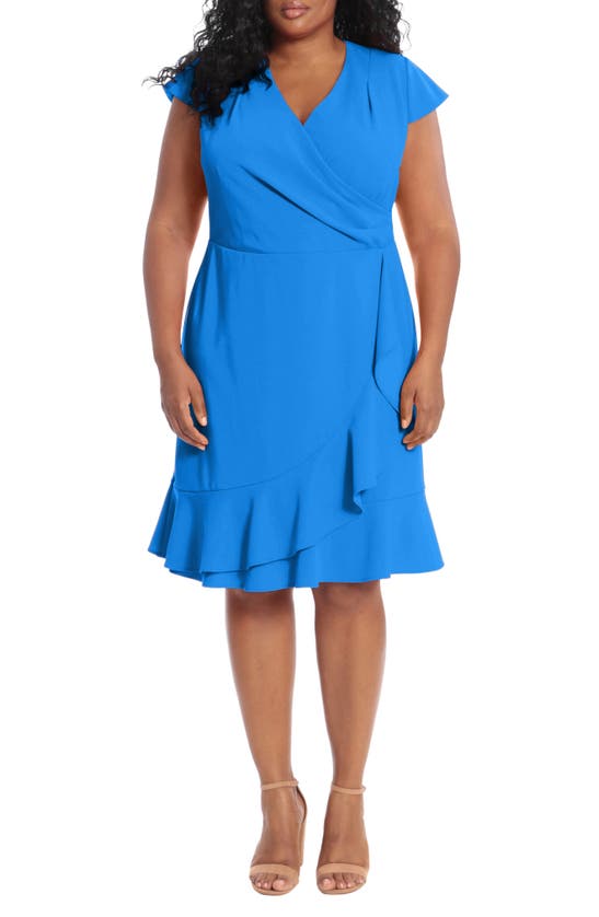 London Times Pleated Flounce Faux Wrap Dress In Dirblue