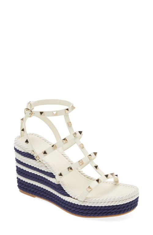 Valentino Garavani Rockstud Espadrille Wedge Sandal Ivory/Marine at Nordstrom,