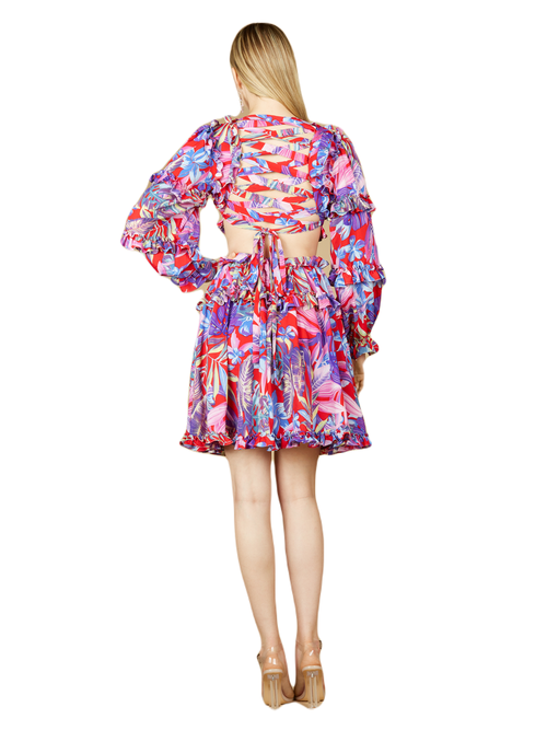 Lara New York Long Sleeve Print Cocktail Short With Lace Up Back And Cutouts In Red