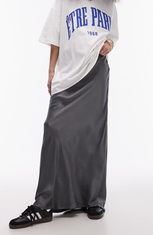 Drawstring Satin Maxi Skirt in Grey
