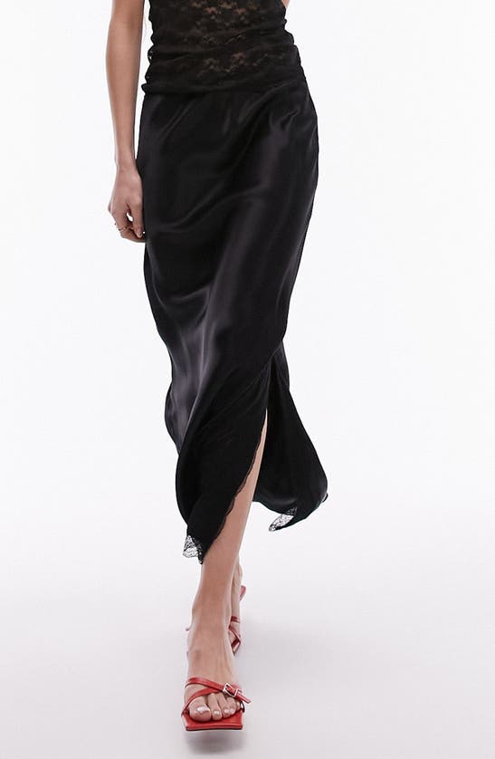 Shop Topshop Lace Trim Satin Midi Skirt In Black