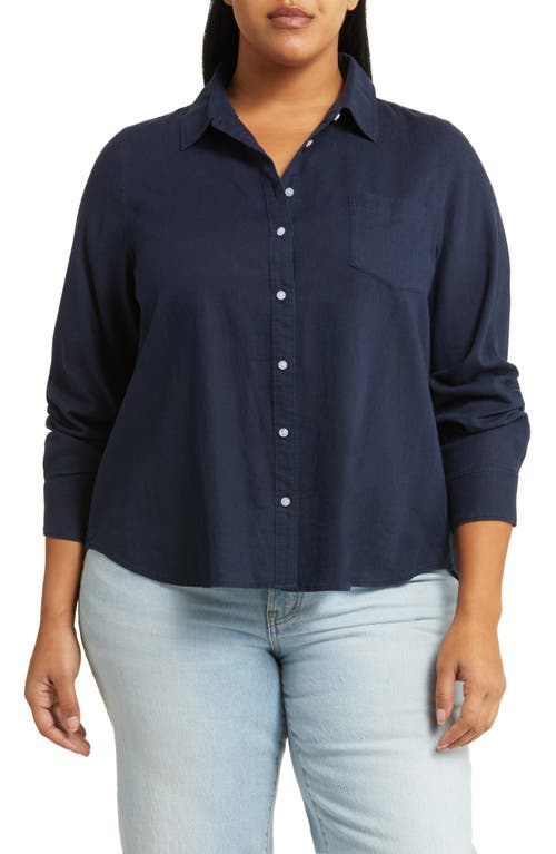 caslon(r) Long Sleeve Linen Blend Button-Up Shirt Navy Blazer at Nordstrom,