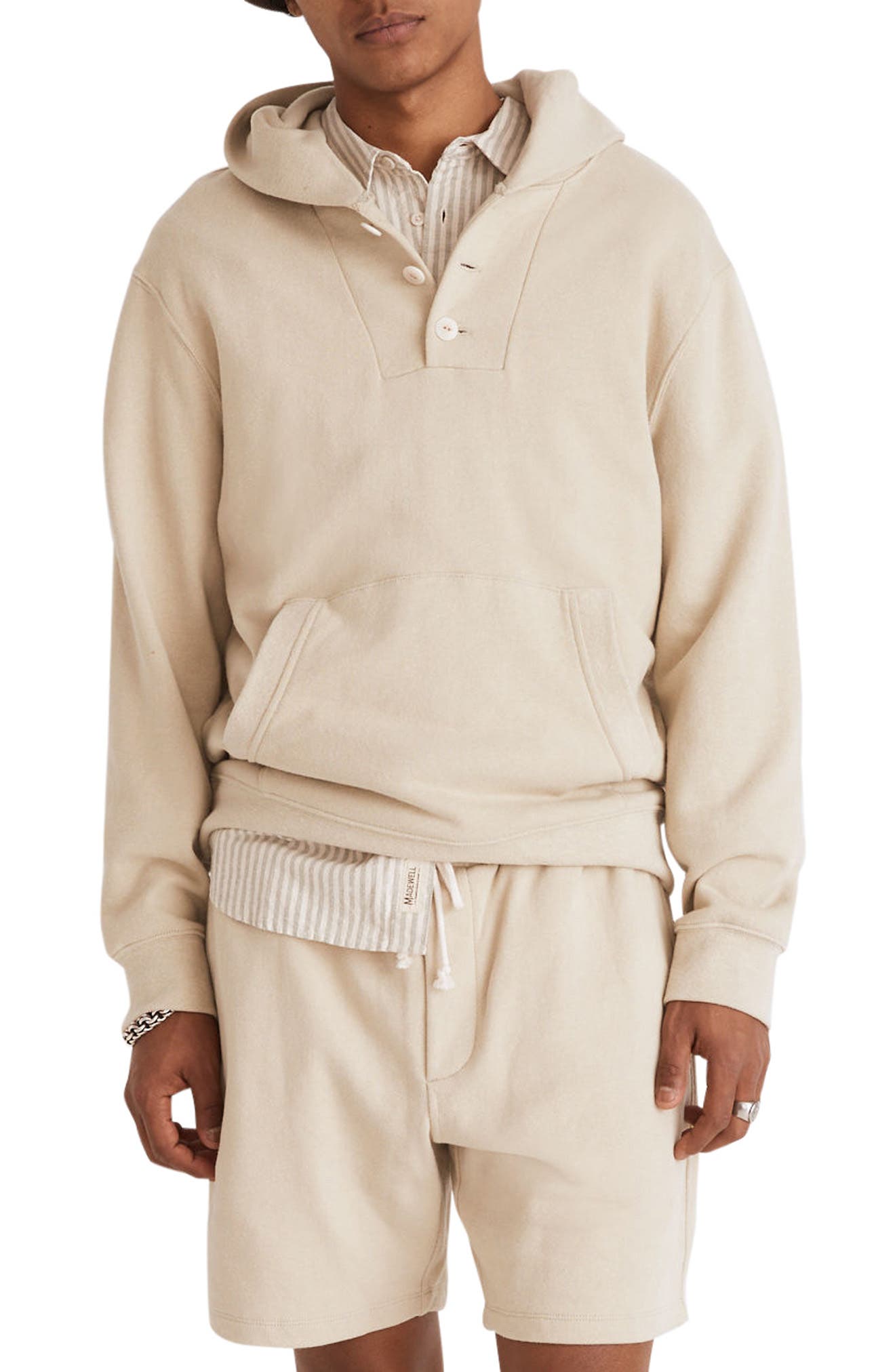 Madewell Cotton \u0026 Hemp Terry Henley Hoodie Sweatshirt in Sunfaded Sage at Nordstrom, Size Large