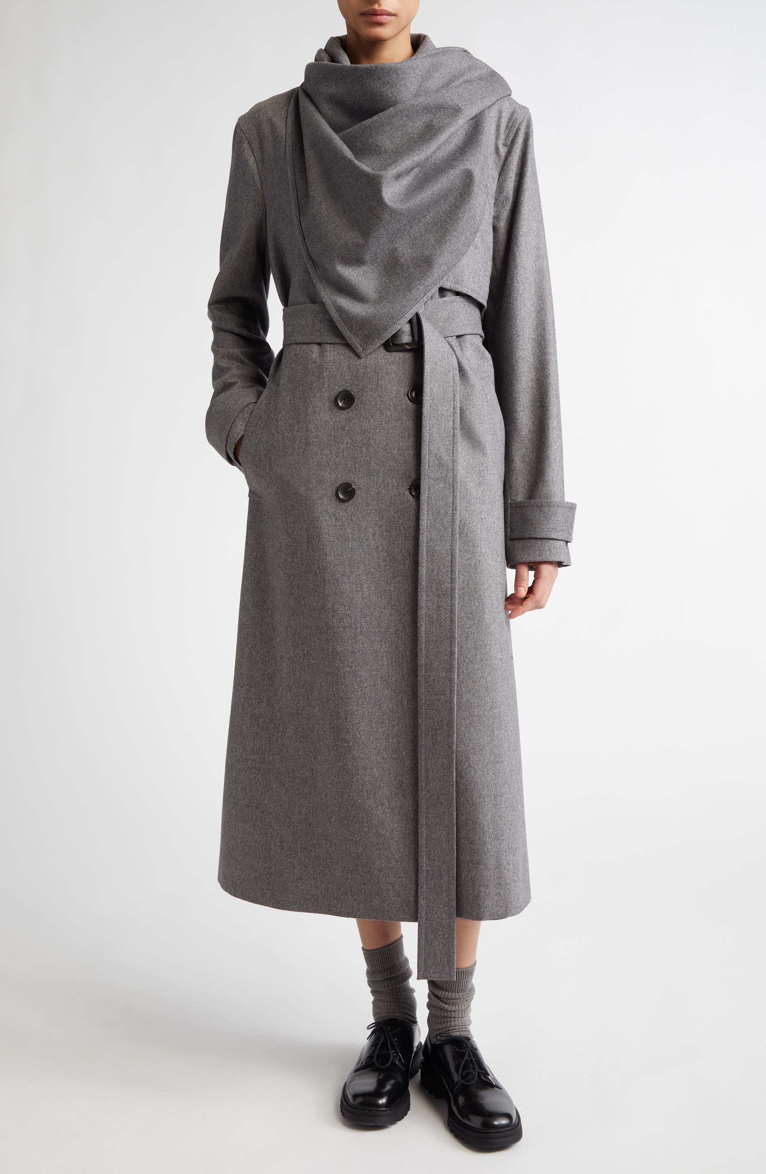 Maria McManus Stretch Wool & Cashmere Cloak Trench Coat in Charcoal Melange 