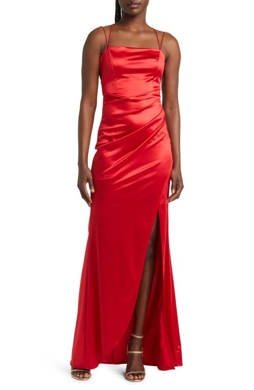 Ruched Crossback Satin Gown in Red