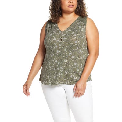 Plus Size Lucky Brand Applique Floral Henley Top, Green