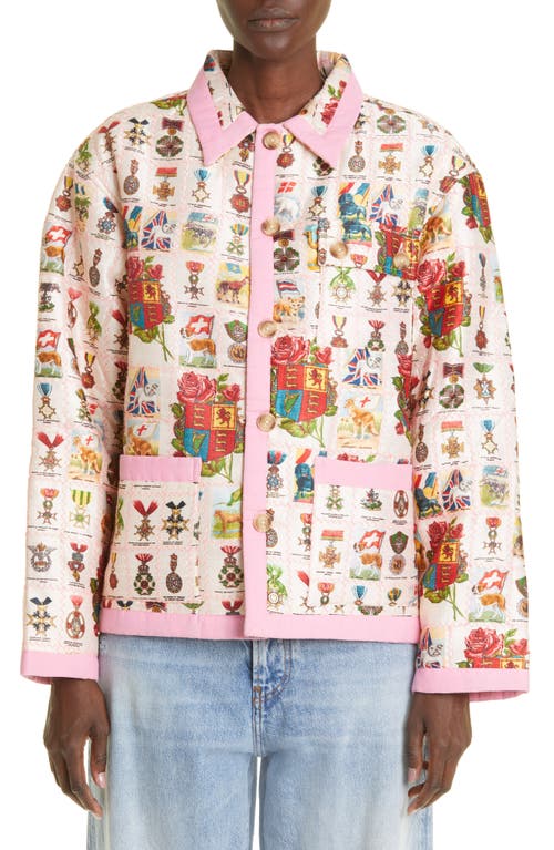 Bode Tobacco Signet Quilted Silk Jacket in Pink Multi