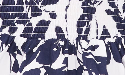 Chaus Floral Smocked Puff Sleeve Cotton Top In White/navy