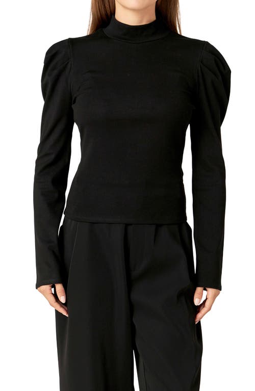 English Factory Puff Shoulder Mock Neck Rib Top In Black