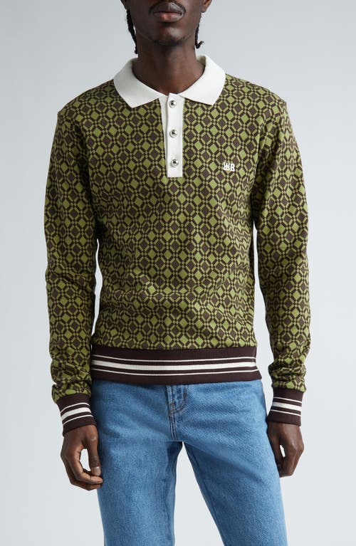 Wales Bonner Cotton Jacquard Long Sleeve Polo Olive And Dark Brown at Nordstrom,