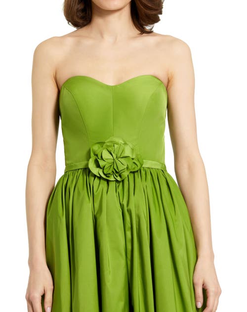 Mac Duggal Strapless Faille A-line Rose Detailed Midi Dress In Pear