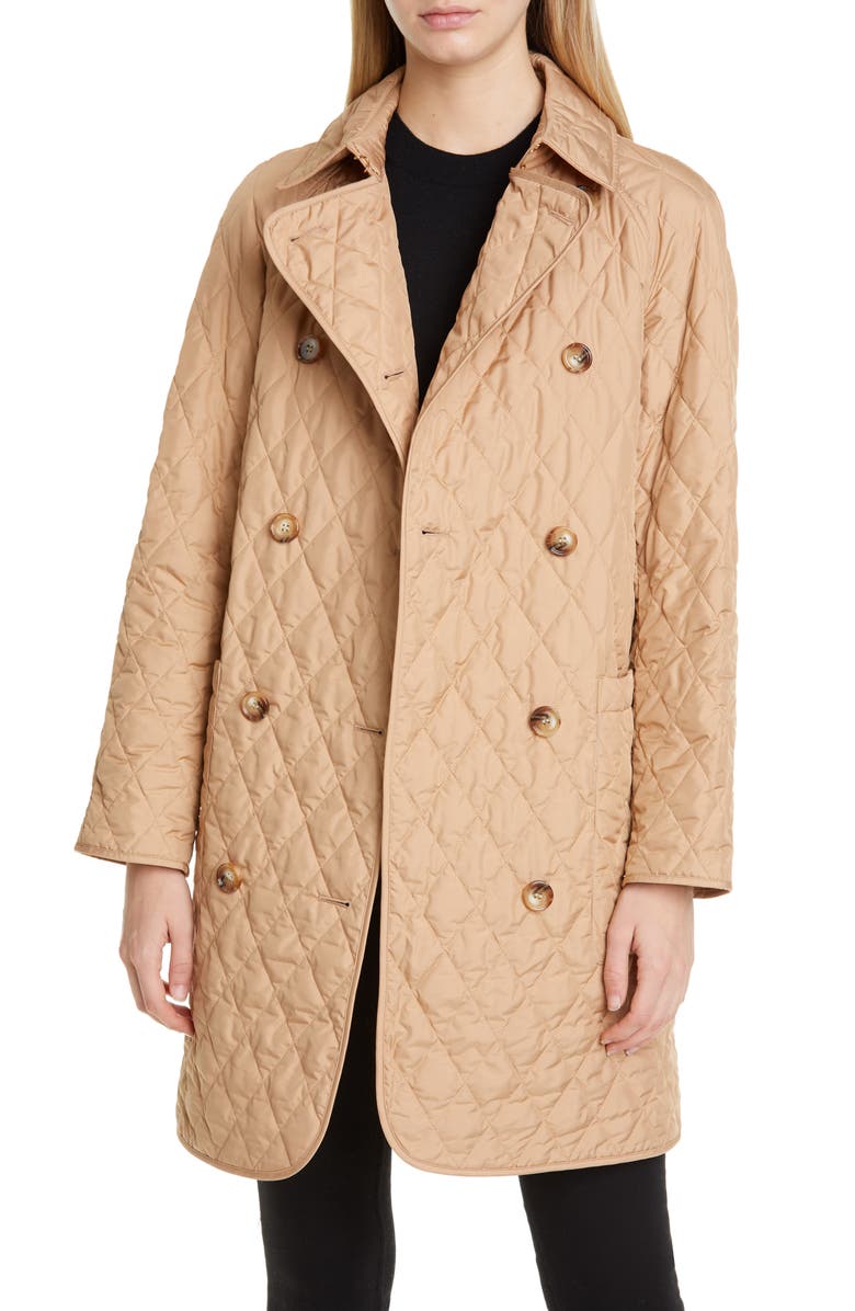 BURBERRY Tything Quilted Double Breasted Coat, Main, color, BISCUIT