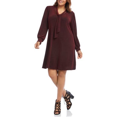Plus Size Karen Kane Taylor Tie Neck Sparkle Long Sleeve Dress, Red
