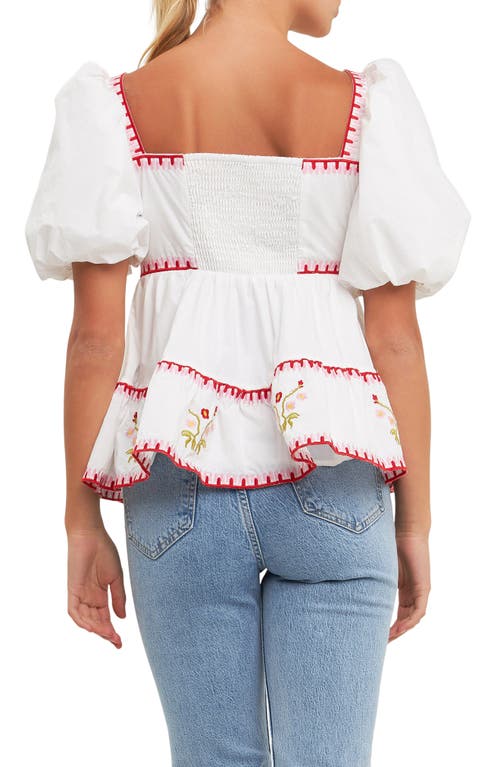 Shop English Factory Embroidered Puff Sleeve Peplum Cotton Top In Ivory/red