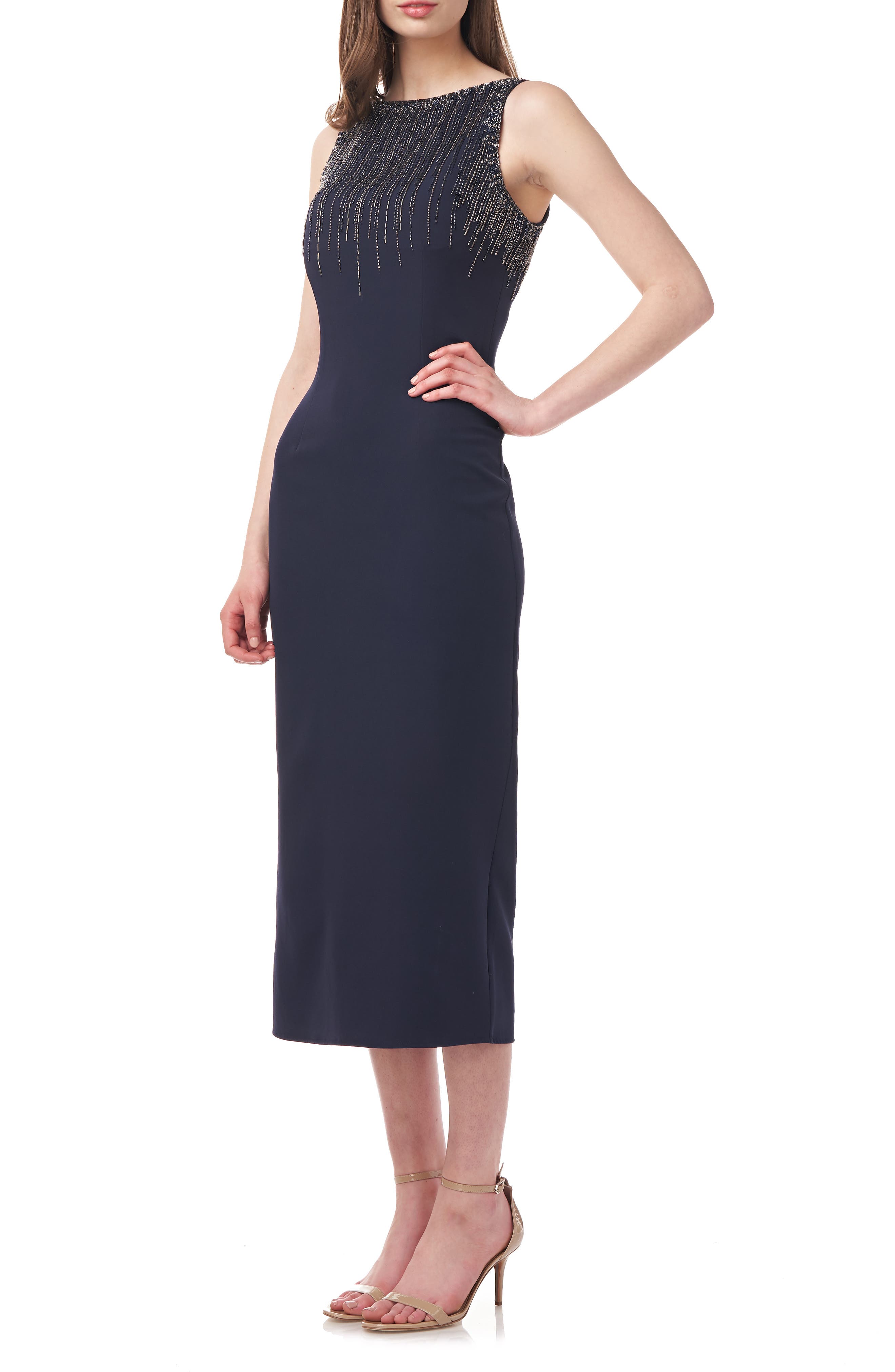 Js Collections Beaded Stretch Crepe Boat Neck Sleeveless Midi Dress - 4